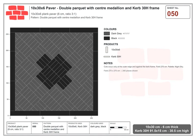 Interlock (Pasco) 10x30 cm · RC13-50 · Double parquet with centre medallion and Kerb 30H frame · Laying plan Interlock (Pasco) 10x30 cm · RC13-50 · Double parquet with centre medallion and Kerb 30H frame · Laying plan