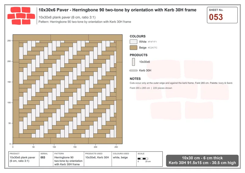 Interlock (Pasco) 10x30 cm · RC13-53 · Herringbone 90 two-tone by orientation with Kerb 30H frame · Laying plan Interlock (Pasco) 10x30 cm · RC13-53 · Herringbone 90 two-tone by orientation with Kerb 30H frame · Laying plan