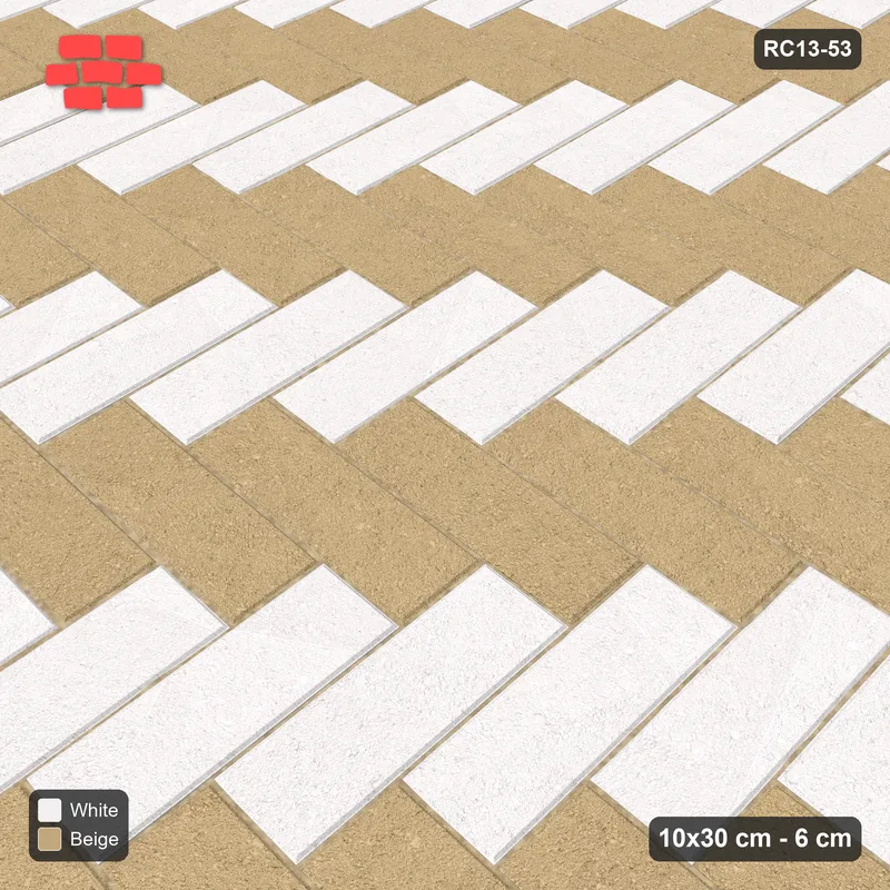 Interlock (Pasco) 10x30 cm · RC13-53 · Herringbone 90 two-tone by orientation with Kerb 30H frame · Side view