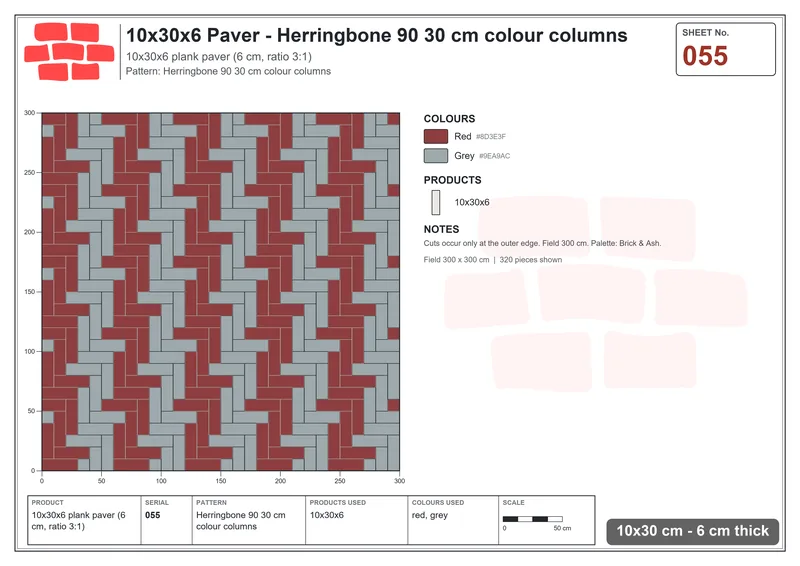Interlock (Pasco) 10x30 cm · RC13-55 · Herringbone 90 30 cm colour columns · Laying plan Interlock (Pasco) 10x30 cm · RC13-55 · Herringbone 90 30 cm colour columns · Laying plan