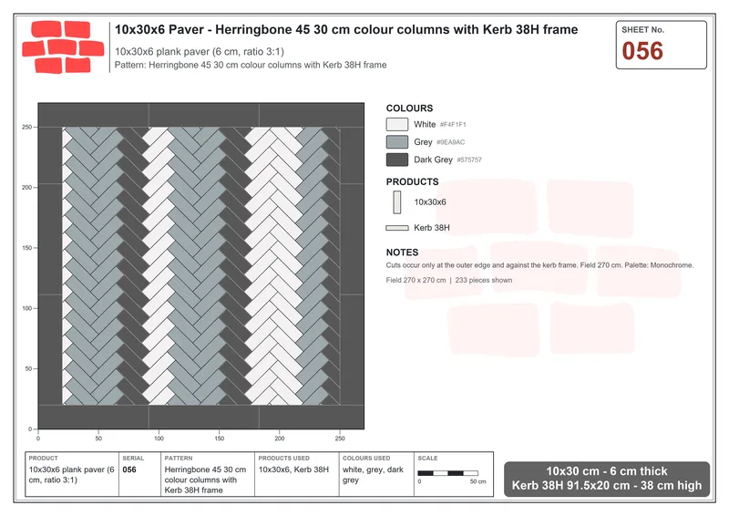 Interlock (Pasco) 10x30 cm · RC13-56 · Herringbone 45 30 cm colour columns with Kerb 38H frame · Laying plan Interlock (Pasco) 10x30 cm · RC13-56 · Herringbone 45 30 cm colour columns with Kerb 38H frame · Laying plan