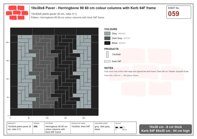 Interlock (Pasco) 10x30 cm · RC13-59 · Herringbone 90 60 cm colour columns with Kerb 54F frame · Laying plan Interlock (Pasco) 10x30 cm · RC13-59 · Herringbone 90 60 cm colour columns with Kerb 54F frame · Laying plan