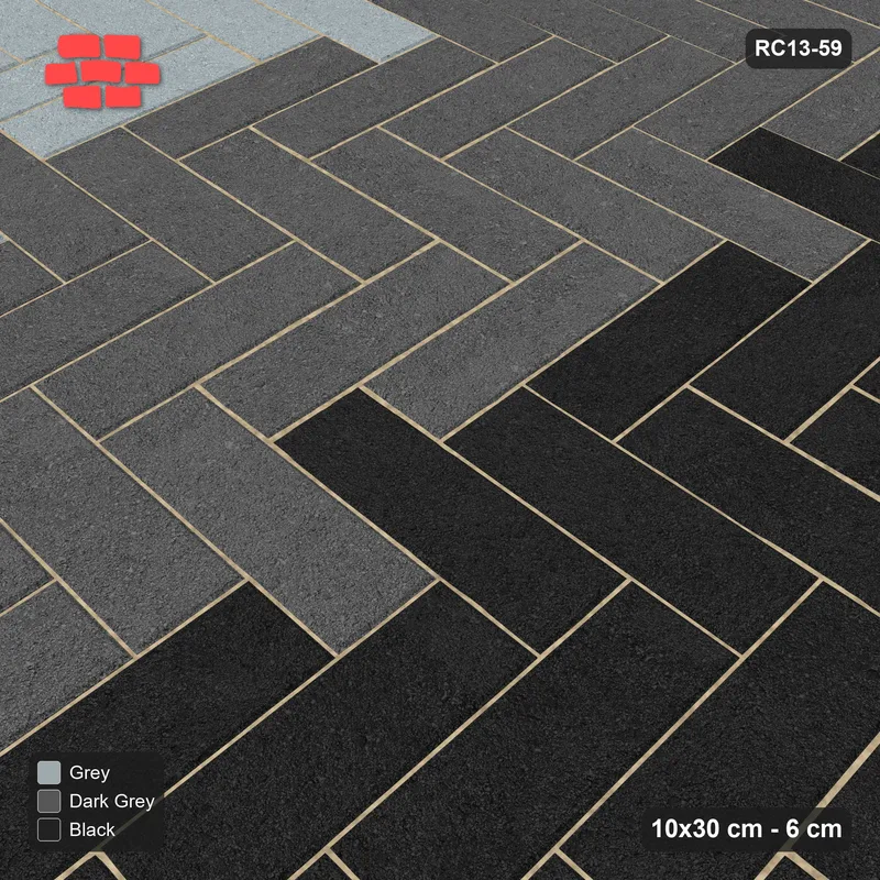 Interlock (Pasco) 10x30 cm · RC13-59 · Herringbone 90 60 cm colour columns with Kerb 54F frame · Side view