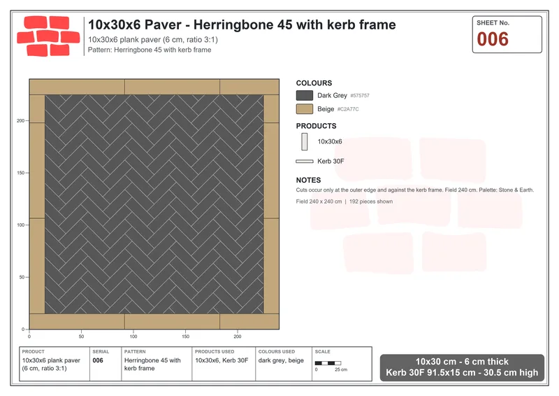 Interlock (Pasco) 10x30 cm · RC13-6 · Herringbone 45 with kerb frame · Laying plan Interlock (Pasco) 10x30 cm · RC13-6 · Herringbone 45 with kerb frame · Laying plan