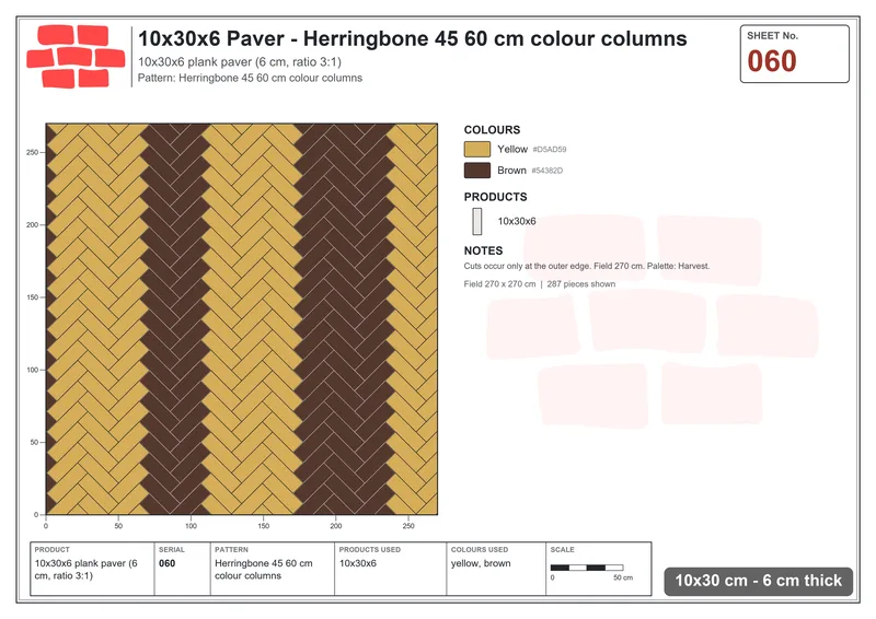 Interlock (Pasco) 10x30 cm · RC13-60 · Herringbone 45 60 cm colour columns · Laying plan Interlock (Pasco) 10x30 cm · RC13-60 · Herringbone 45 60 cm colour columns · Laying plan