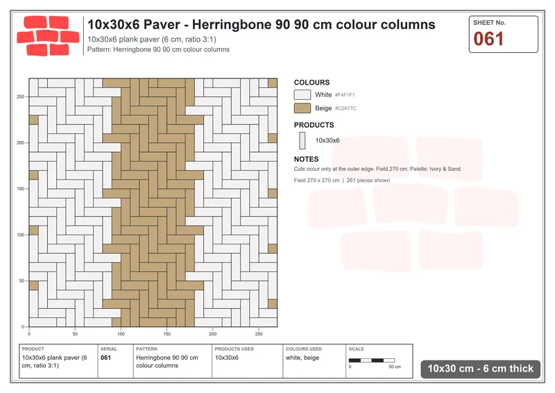 Interlock (Pasco) 10x30 cm · RC13-61 · Herringbone 90 90 cm colour columns · Laying plan Interlock (Pasco) 10x30 cm · RC13-61 · Herringbone 90 90 cm colour columns · Laying plan