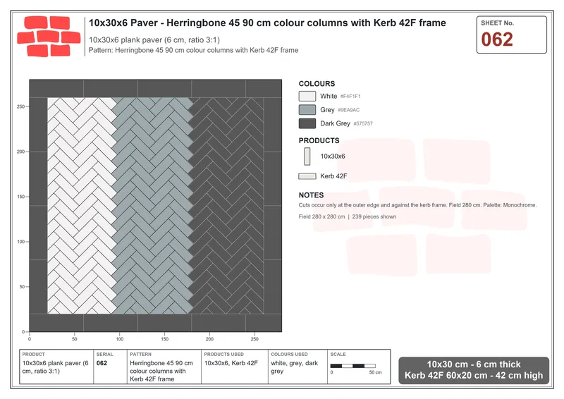 Interlock (Pasco) 10x30 cm · RC13-62 · Herringbone 45 90 cm colour columns with Kerb 42F frame · Laying plan Interlock (Pasco) 10x30 cm · RC13-62 · Herringbone 45 90 cm colour columns with Kerb 42F frame · Laying plan