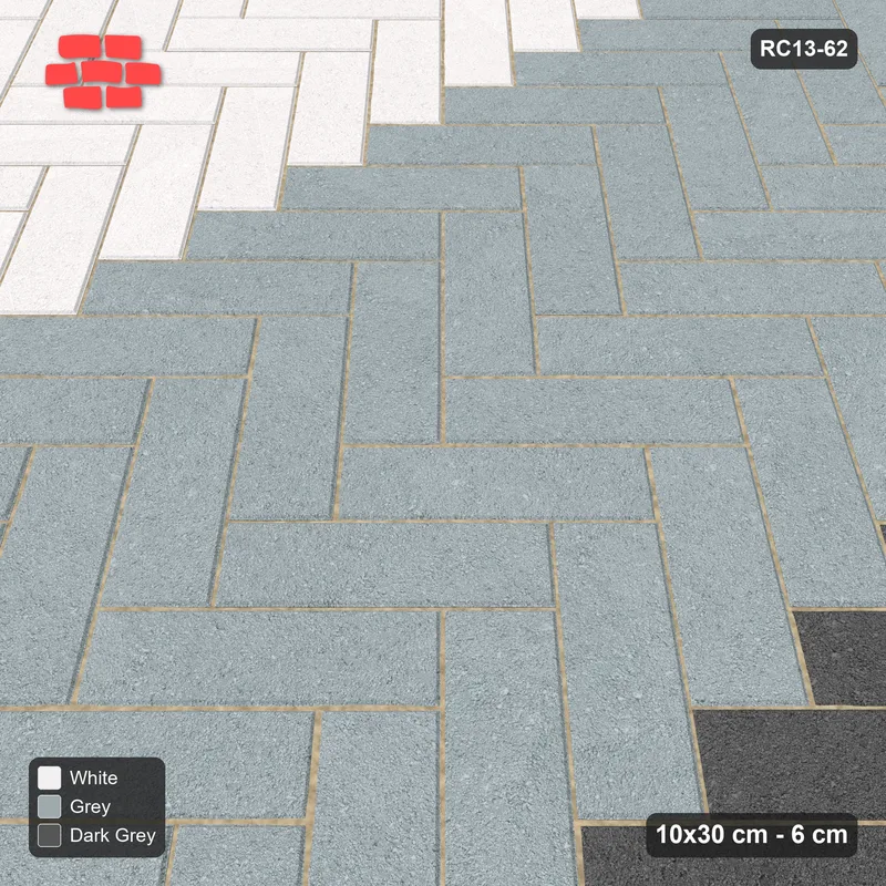 Interlock (Pasco) 10x30 cm · RC13-62 · Herringbone 45 90 cm colour columns with Kerb 42F frame · Side view