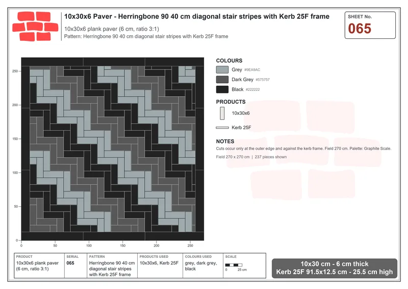 Interlock (Pasco) 10x30 cm · RC13-65 · Herringbone 90 40 cm diagonal stair stripes with Kerb 25F frame · Laying plan Interlock (Pasco) 10x30 cm · RC13-65 · Herringbone 90 40 cm diagonal stair stripes with Kerb 25F frame · Laying plan
