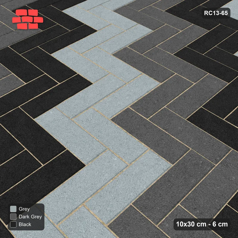 Interlock (Pasco) 10x30 cm · RC13-65 · Herringbone 90 40 cm diagonal stair stripes with Kerb 25F frame · Side view
