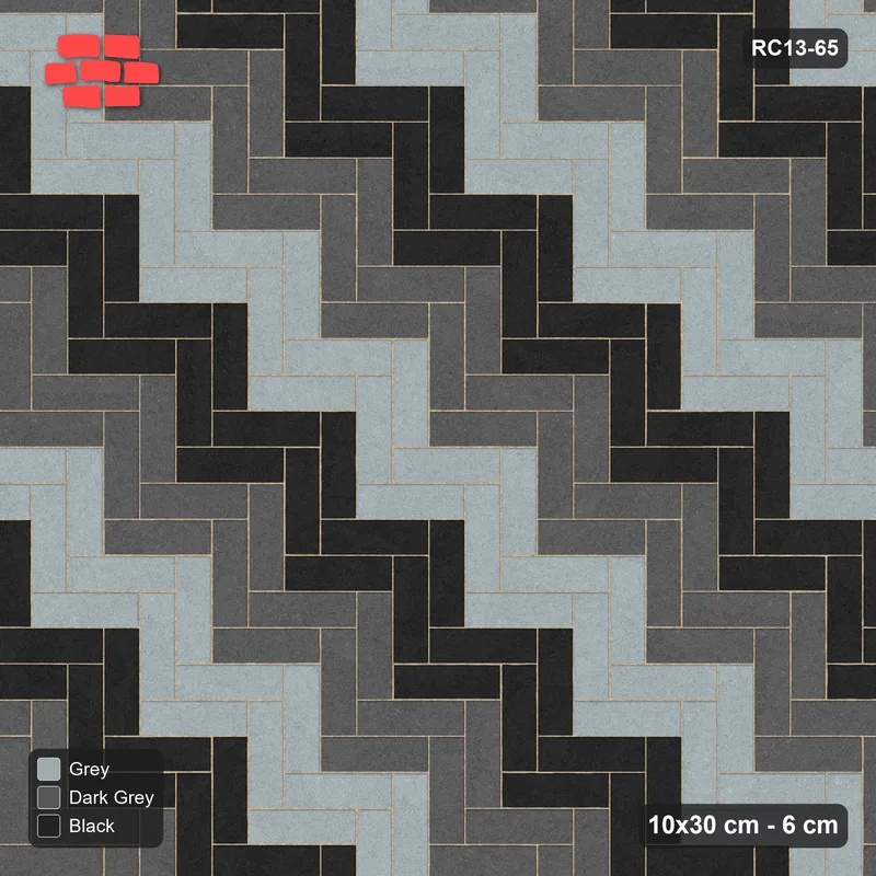 Interlock (Pasco) 10x30 cm · RC13-65 · Herringbone 90 40 cm diagonal stair stripes with Kerb 25F frame · Top view
