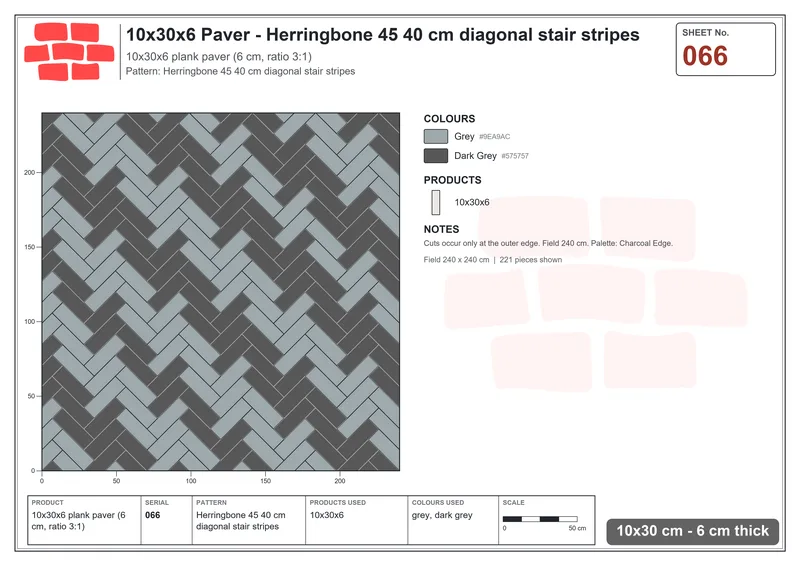 Interlock (Pasco) 10x30 cm · RC13-66 · Herringbone 45 40 cm diagonal stair stripes · Laying plan Interlock (Pasco) 10x30 cm · RC13-66 · Herringbone 45 40 cm diagonal stair stripes · Laying plan