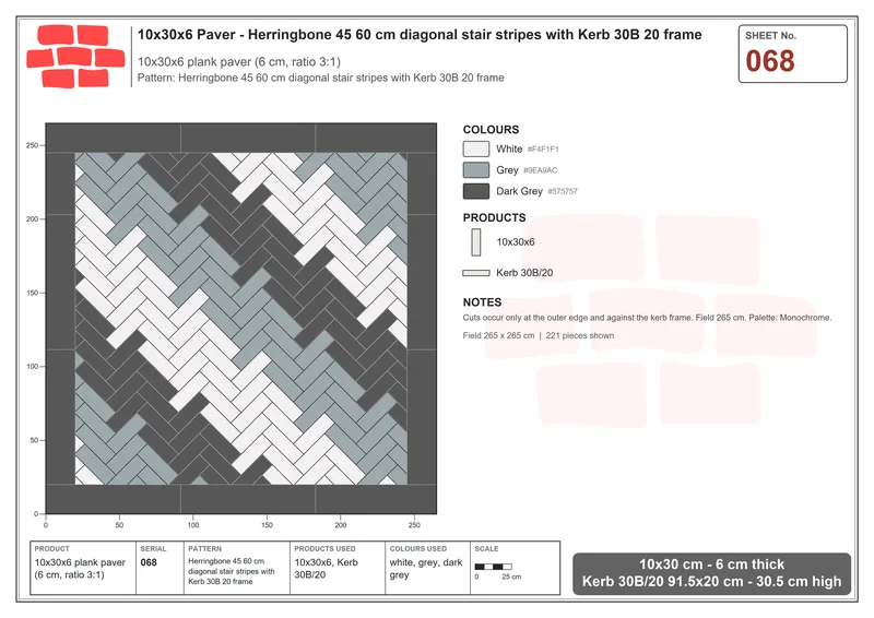 Interlock (Pasco) 10x30 cm · RC13-68 · Herringbone 45 60 cm diagonal stair stripes with Kerb 30B 20 frame · Laying plan Interlock (Pasco) 10x30 cm · RC13-68 · Herringbone 45 60 cm diagonal stair stripes with Kerb 30B 20 frame · Laying plan