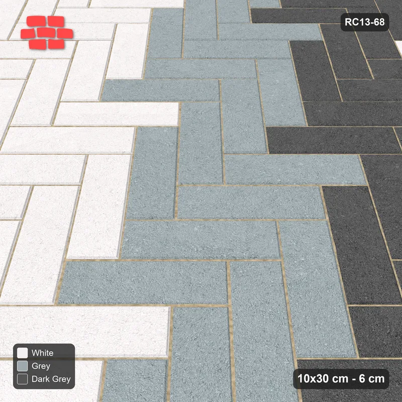 Interlock (Pasco) 10x30 cm · RC13-68 · Herringbone 45 60 cm diagonal stair stripes with Kerb 30B 20 frame · Side view