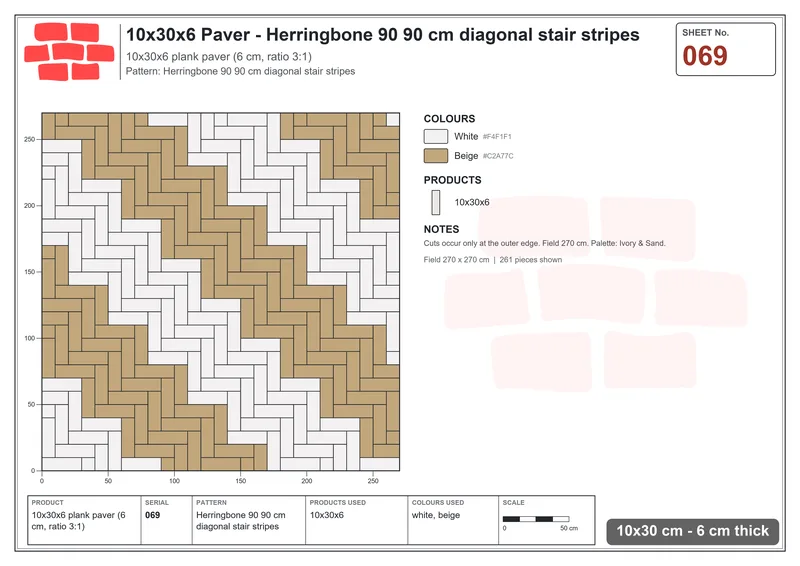 Interlock (Pasco) 10x30 cm · RC13-69 · Herringbone 90 90 cm diagonal stair stripes · Laying plan Interlock (Pasco) 10x30 cm · RC13-69 · Herringbone 90 90 cm diagonal stair stripes · Laying plan