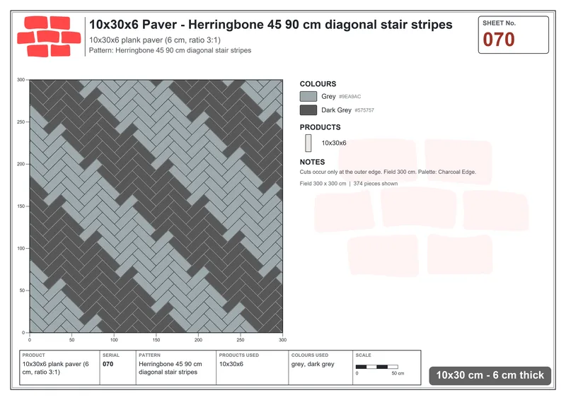 Interlock (Pasco) 10x30 cm · RC13-70 · Herringbone 45 90 cm diagonal stair stripes · Laying plan Interlock (Pasco) 10x30 cm · RC13-70 · Herringbone 45 90 cm diagonal stair stripes · Laying plan