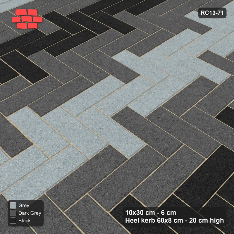 Interlock (Pasco) 10x30 cm · RC13-71 · Herringbone 90 30 cm graded column tones with Heel kerb 80x200x600 frame · Side view