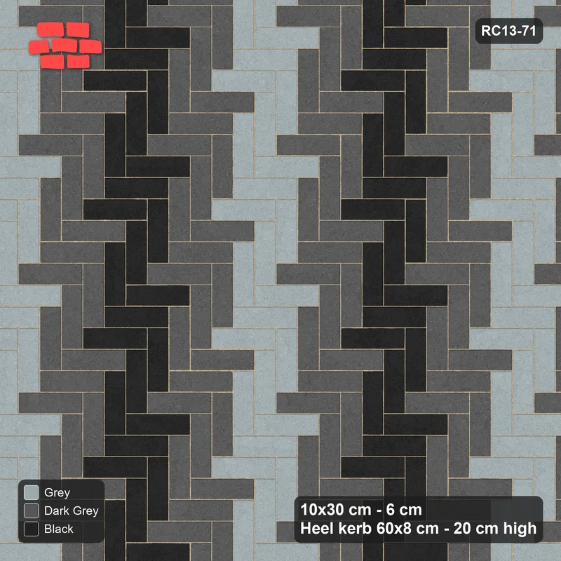 Interlock (Pasco) 10x30 cm · RC13-71 · Herringbone 90 30 cm graded column tones with Heel kerb 80x200x600 frame · Top view