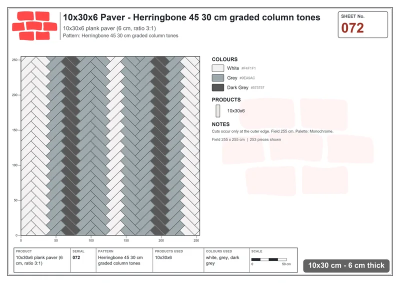 Interlock (Pasco) 10x30 cm · RC13-72 · Herringbone 45 30 cm graded column tones · Laying plan Interlock (Pasco) 10x30 cm · RC13-72 · Herringbone 45 30 cm graded column tones · Laying plan