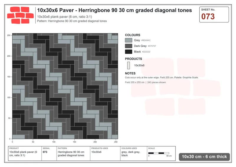 Interlock (Pasco) 10x30 cm · RC13-73 · Herringbone 90 30 cm graded diagonal tones · Laying plan Interlock (Pasco) 10x30 cm · RC13-73 · Herringbone 90 30 cm graded diagonal tones · Laying plan