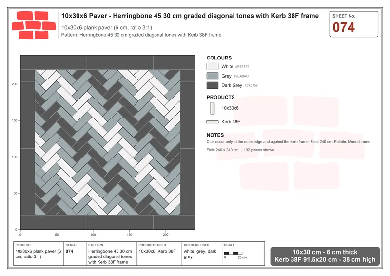 Interlock (Pasco) 10x30 cm · RC13-74 · Herringbone 45 30 cm graded diagonal tones with Kerb 38F frame · Laying plan Interlock (Pasco) 10x30 cm · RC13-74 · Herringbone 45 30 cm graded diagonal tones with Kerb 38F frame · Laying plan