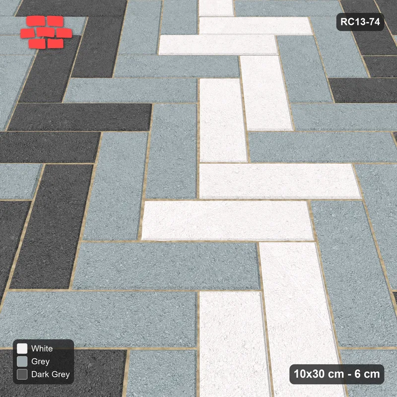 Interlock (Pasco) 10x30 cm · RC13-74 · Herringbone 45 30 cm graded diagonal tones with Kerb 38F frame · Side view