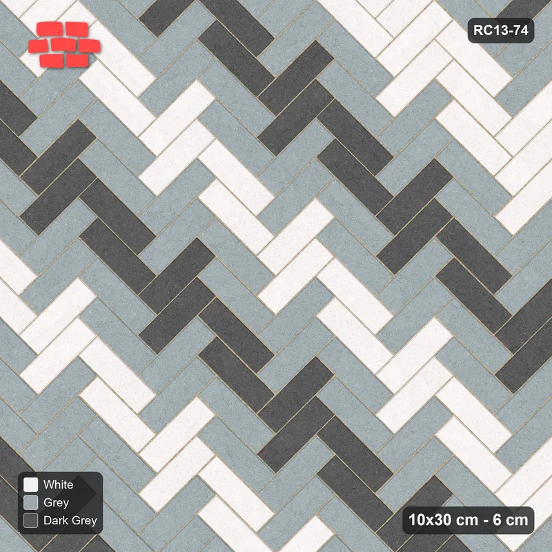 Interlock (Pasco) 10x30 cm · RC13-74 · Herringbone 45 30 cm graded diagonal tones with Kerb 38F frame · Top view