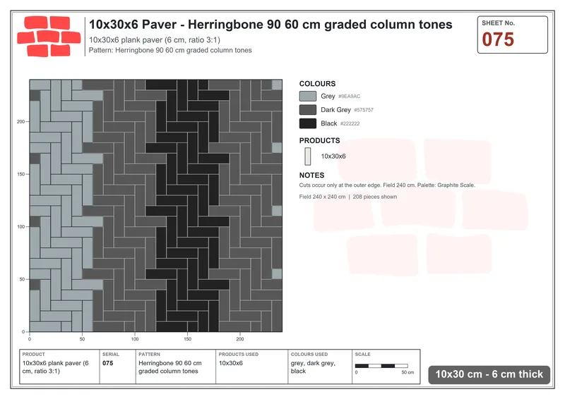 Interlock (Pasco) 10x30 cm · RC13-75 · Herringbone 90 60 cm graded column tones · Laying plan Interlock (Pasco) 10x30 cm · RC13-75 · Herringbone 90 60 cm graded column tones · Laying plan