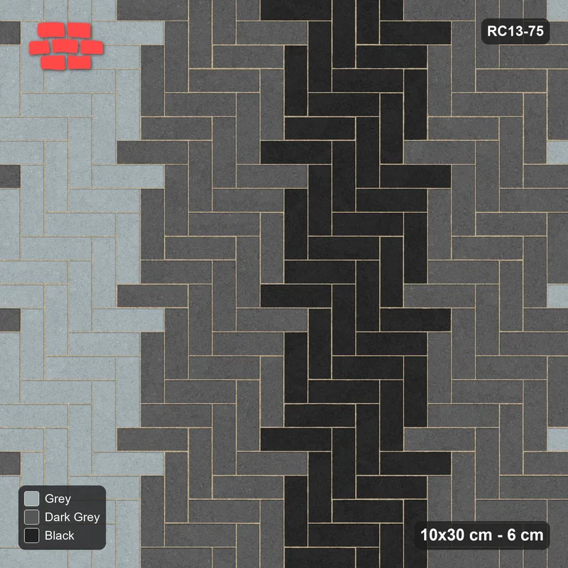 Interlock (Pasco) 10x30 cm · RC13-75 · Herringbone 90 60 cm graded column tones · Top view