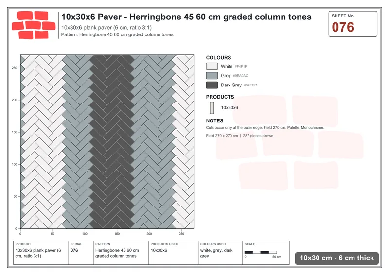 Interlock (Pasco) 10x30 cm · RC13-76 · Herringbone 45 60 cm graded column tones · Laying plan Interlock (Pasco) 10x30 cm · RC13-76 · Herringbone 45 60 cm graded column tones · Laying plan