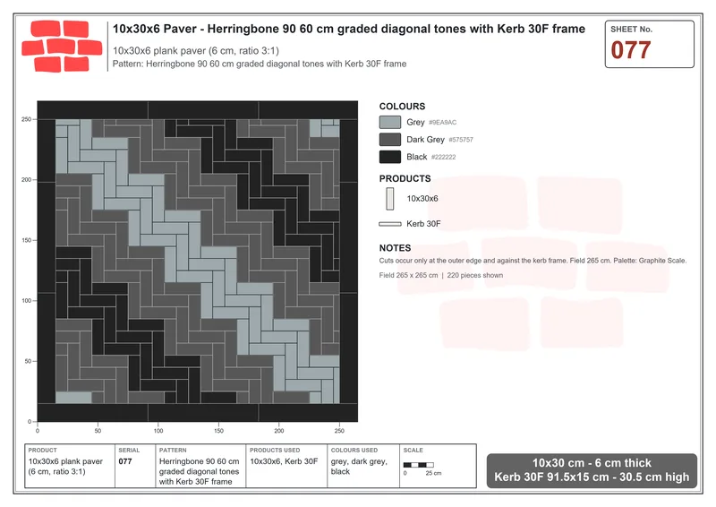Interlock (Pasco) 10x30 cm · RC13-77 · Herringbone 90 60 cm graded diagonal tones with Kerb 30F frame · Laying plan Interlock (Pasco) 10x30 cm · RC13-77 · Herringbone 90 60 cm graded diagonal tones with Kerb 30F frame · Laying plan