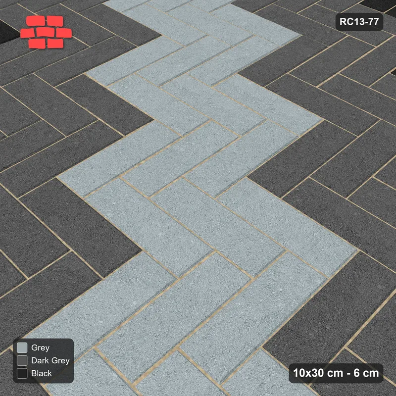 Interlock (Pasco) 10x30 cm · RC13-77 · Herringbone 90 60 cm graded diagonal tones with Kerb 30F frame · Side view
