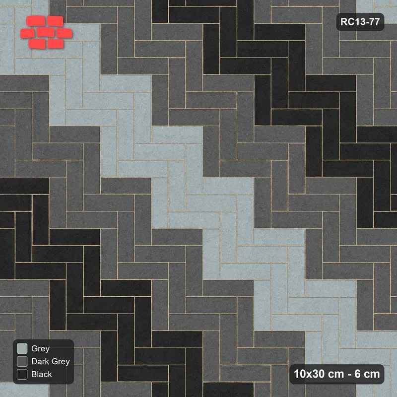Interlock (Pasco) 10x30 cm · RC13-77 · Herringbone 90 60 cm graded diagonal tones with Kerb 30F frame · Top view