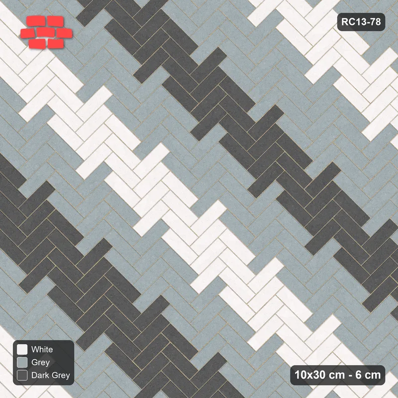Interlock (Pasco) 10x30 cm · RC13-78 · Herringbone 45 60 cm graded diagonal tones · Top view
