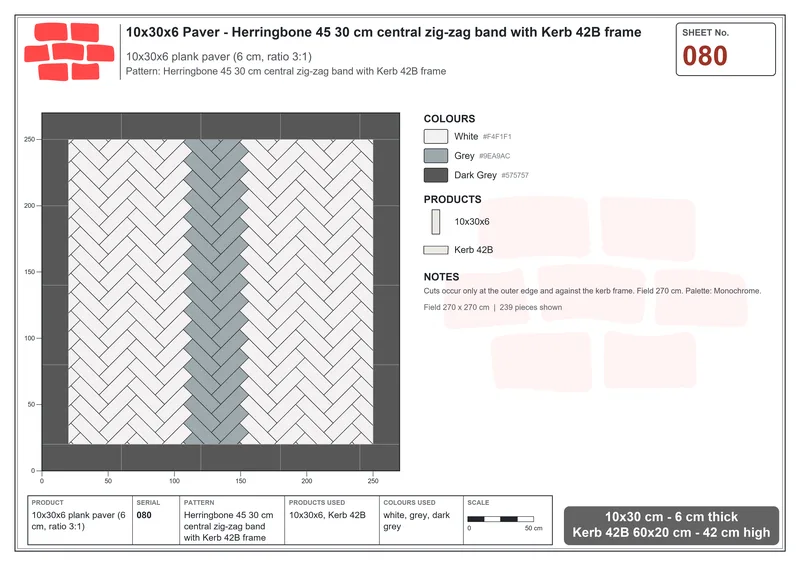Interlock (Pasco) 10x30 cm · RC13-80 · Herringbone 45 30 cm central zig-zag band with Kerb 42B frame · Laying plan Interlock (Pasco) 10x30 cm · RC13-80 · Herringbone 45 30 cm central zig-zag band with Kerb 42B frame · Laying plan