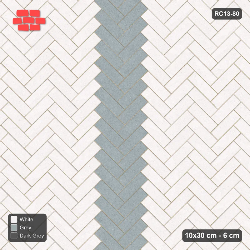 Interlock (Pasco) 10x30 cm · RC13-80 · Herringbone 45 30 cm central zig-zag band with Kerb 42B frame · Top view