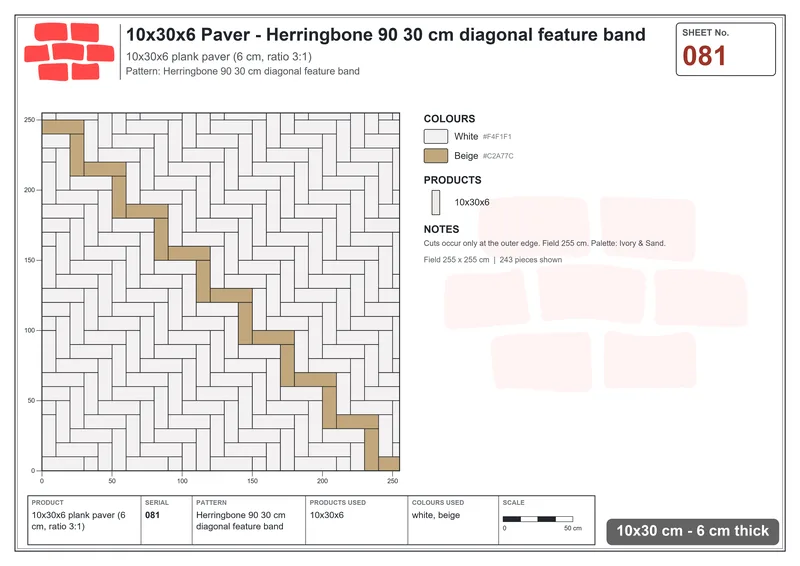 Interlock (Pasco) 10x30 cm · RC13-81 · Herringbone 90 30 cm diagonal feature band · Laying plan Interlock (Pasco) 10x30 cm · RC13-81 · Herringbone 90 30 cm diagonal feature band · Laying plan