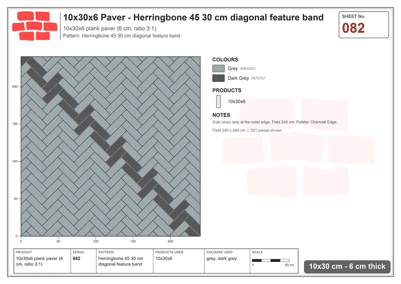 Interlock (Pasco) 10x30 cm · RC13-82 · Herringbone 45 30 cm diagonal feature band · Laying plan Interlock (Pasco) 10x30 cm · RC13-82 · Herringbone 45 30 cm diagonal feature band · Laying plan