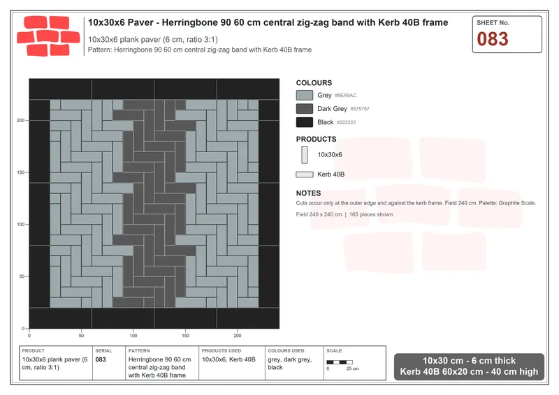 Interlock (Pasco) 10x30 cm · RC13-83 · Herringbone 90 60 cm central zig-zag band with Kerb 40B frame · Laying plan Interlock (Pasco) 10x30 cm · RC13-83 · Herringbone 90 60 cm central zig-zag band with Kerb 40B frame · Laying plan