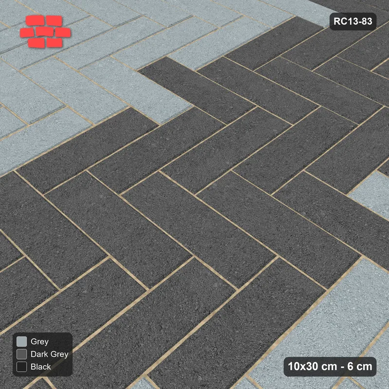 Interlock (Pasco) 10x30 cm · RC13-83 · Herringbone 90 60 cm central zig-zag band with Kerb 40B frame · Side view