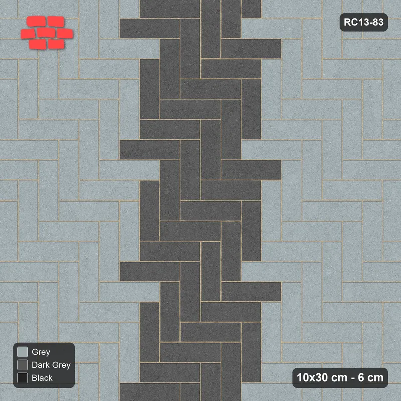Interlock (Pasco) 10x30 cm · RC13-83 · Herringbone 90 60 cm central zig-zag band with Kerb 40B frame · Top view