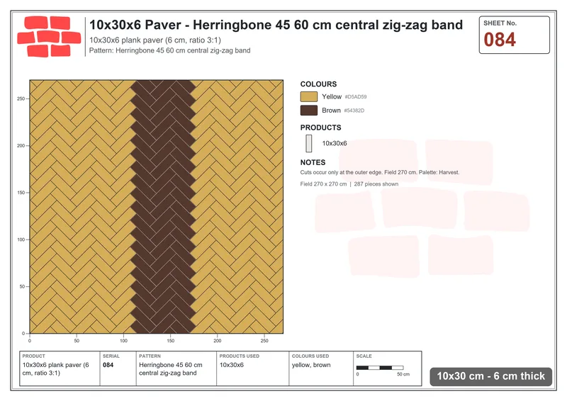 Interlock (Pasco) 10x30 cm · RC13-84 · Herringbone 45 60 cm central zig-zag band · Laying plan Interlock (Pasco) 10x30 cm · RC13-84 · Herringbone 45 60 cm central zig-zag band · Laying plan