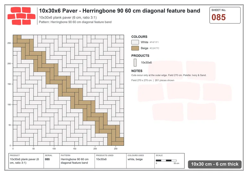 Interlock (Pasco) 10x30 cm · RC13-85 · Herringbone 90 60 cm diagonal feature band · Laying plan Interlock (Pasco) 10x30 cm · RC13-85 · Herringbone 90 60 cm diagonal feature band · Laying plan