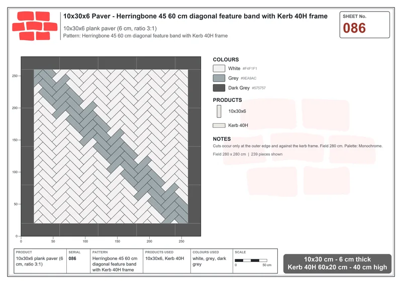 Interlock (Pasco) 10x30 cm · RC13-86 · Herringbone 45 60 cm diagonal feature band with Kerb 40H frame · Laying plan Interlock (Pasco) 10x30 cm · RC13-86 · Herringbone 45 60 cm diagonal feature band with Kerb 40H frame · Laying plan