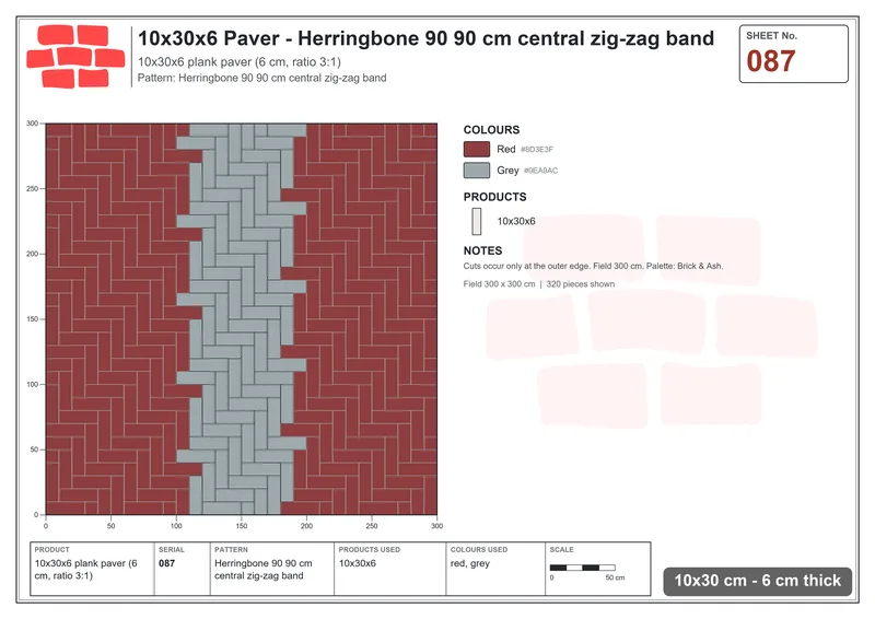Interlock (Pasco) 10x30 cm · RC13-87 · Herringbone 90 90 cm central zig-zag band · Laying plan Interlock (Pasco) 10x30 cm · RC13-87 · Herringbone 90 90 cm central zig-zag band · Laying plan