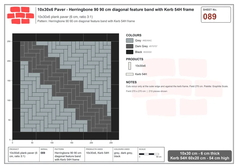 Interlock (Pasco) 10x30 cm · RC13-89 · Herringbone 90 90 cm diagonal feature band with Kerb 54H frame · Laying plan Interlock (Pasco) 10x30 cm · RC13-89 · Herringbone 90 90 cm diagonal feature band with Kerb 54H frame · Laying plan