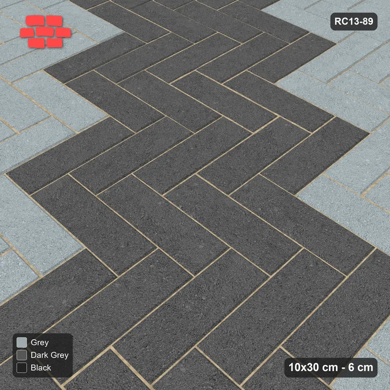 Interlock (Pasco) 10x30 cm · RC13-89 · Herringbone 90 90 cm diagonal feature band with Kerb 54H frame · Side view