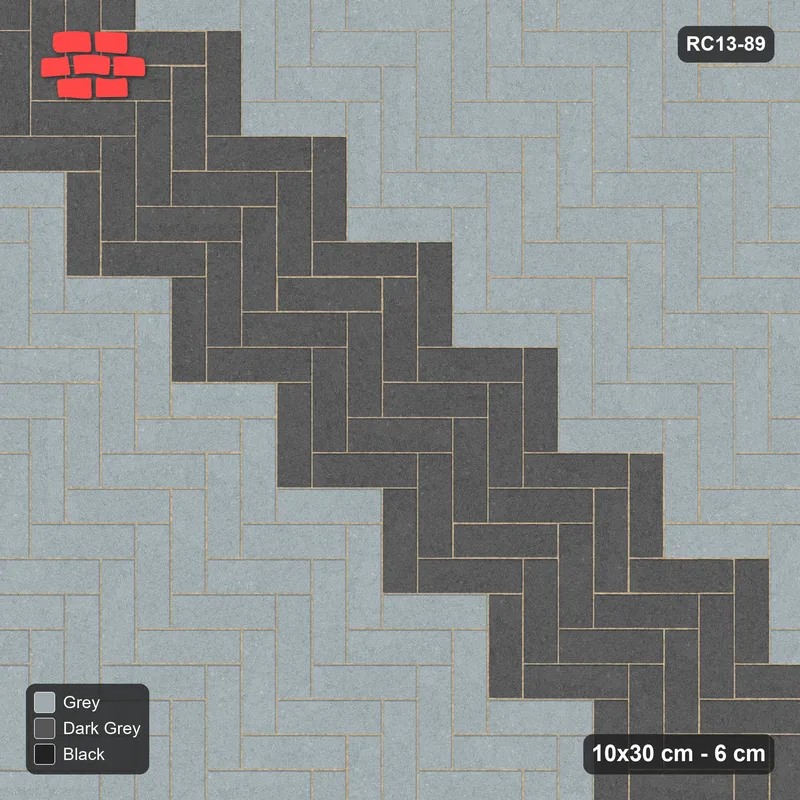 Interlock (Pasco) 10x30 cm · RC13-89 · Herringbone 90 90 cm diagonal feature band with Kerb 54H frame · Top view