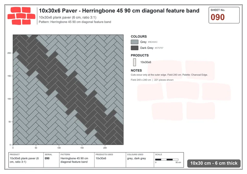 Interlock (Pasco) 10x30 cm · RC13-90 · Herringbone 45 90 cm diagonal feature band · Laying plan Interlock (Pasco) 10x30 cm · RC13-90 · Herringbone 45 90 cm diagonal feature band · Laying plan