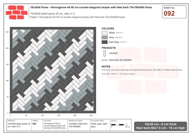 Interlock (Pasco) 10x30 cm · RC13-92 · Herringbone 45 40 cm counter-diagonal stripes with Heel kerb 75x150x600 frame · Laying plan Interlock (Pasco) 10x30 cm · RC13-92 · Herringbone 45 40 cm counter-diagonal stripes with Heel kerb 75x150x600 frame · Laying plan